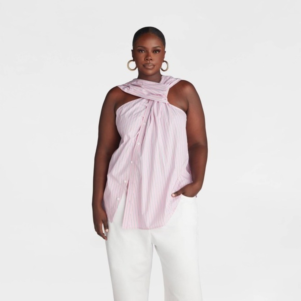 KBB by KAHLANA x Target 1X Plus The Twist Neck Shirt Pink Striped Sleeveless Top
